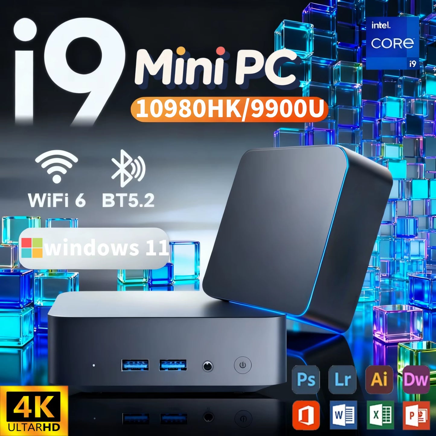 Gaming Mini PC Windows11 Intel Core I9 10980HK/ I9 9900U 16GB DDR4 1TB 2TB Wifi6 M.2 SSD UHD Graphics 1000Mbps Ethernet Mini PC