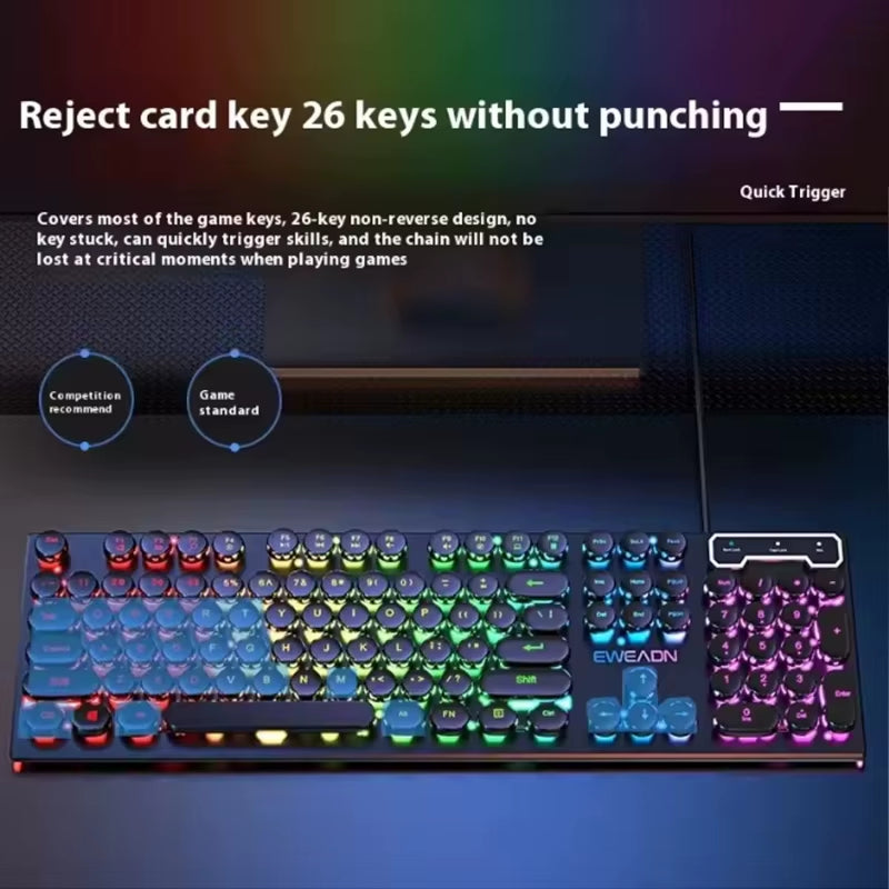 104Keys Punk Retro Keyboard Rainbow Backlight Wired Keyboard RGB Backlit Breathing Light Gaming Ergonomic Keyboard for Office PC