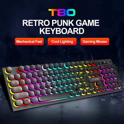 104Keys Punk Retro Keyboard Rainbow Backlight Wired Keyboard RGB Backlit Breathing Light Gaming Ergonomic Keyboard for Office PC