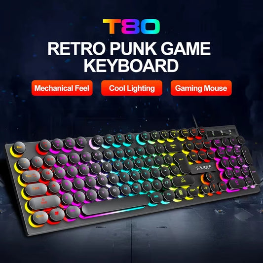 104Keys Punk Retro Keyboard Rainbow Backlight Wired Keyboard RGB Backlit Breathing Light Gaming Ergonomic Keyboard for Office PC